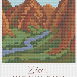 May include: A pixel art illustration of Zion National Park, featuring a red rock canyon with a river flowing through it. The text "Zion National Park EST 1919" is below the image.
