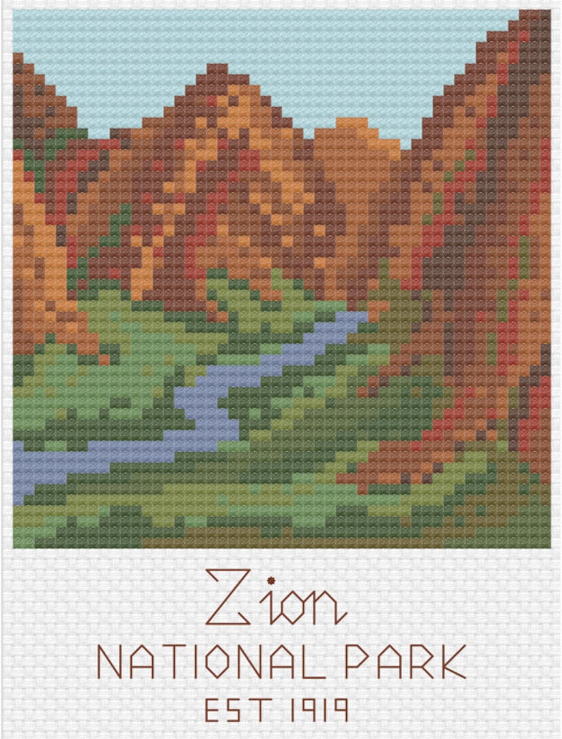 May include: A pixel art illustration of Zion National Park, featuring a red rock canyon with a river flowing through it. The text "Zion National Park EST 1919" is below the image.
