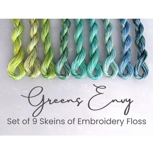 Green Embroidery Floss - Set of 9 Colors, Hand Dyed Variegated Floss, 6-Strand Cotton, Dyed Thread, Modern Cross Stitch, Modern Embroidery