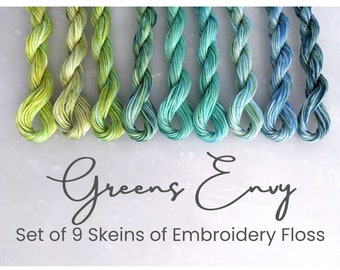 Green Embroidery Floss - Set of 9 Colors, Hand Dyed Variegated Floss, 6-Strand Cotton, Dyed Thread, Modern Cross Stitch, Modern Embroidery