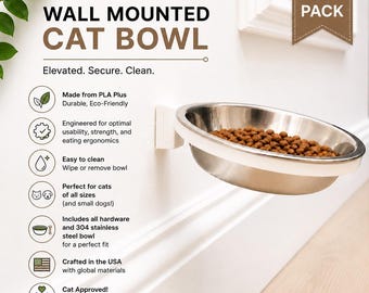 Wall Mounted Cat Bowl – Elevated Angled Pet Feeder, Stainless Steel Dish (2 PACK)