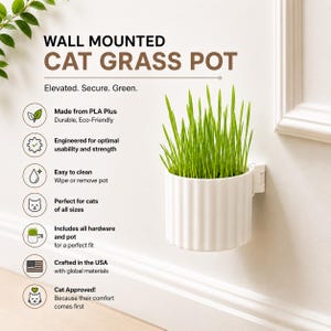 Pode incluir: Um vaso de grama para gatos branco, montado na parede, cheio de grama verde vibrante. O vaso tem um design canelado e é fixado à parede com um suporte. O texto na imagem diz "Wall Mounted Cat Grass Pot".