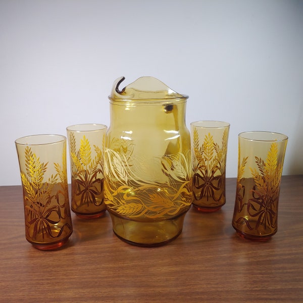 Libbey "Gold Bounty"glasses & Matching Ombre Pitcher .1960s Vintage Pitcher and Tumbler set in gold and brown Wheat Pattern