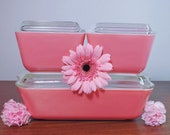 Pink Pyrex Refrigerator Dishes Set. Set of Pyrex Pink Fridge Dishes. 501 x2, 502 (DWD) 503 Pink Pyrex Refrigerator Dish Set With Lids