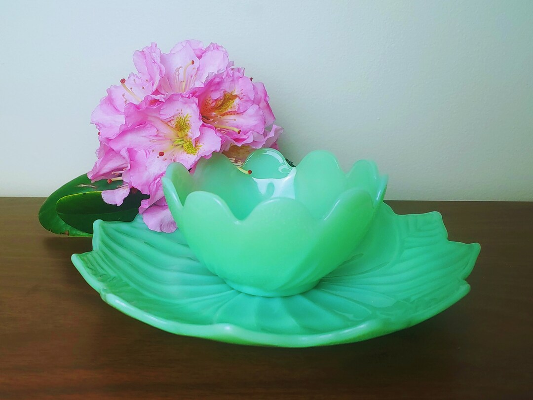 Jadeite Fire King Lotus Blossom Bowl and Plate. Vintage Fire King