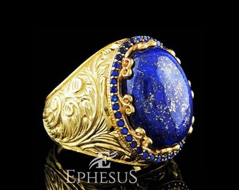 Handmade Lapis Lazuli Gemstone Ring, Natural Lapis Ring Sterling Silver, Mens Engraved Gold Ring, Lapis Lazul Ring Silver 925, Gift for Him