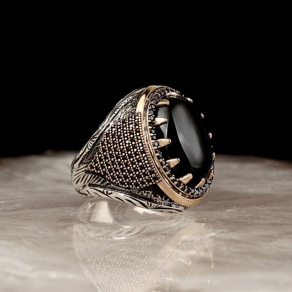 Mens Onyx Ring Sterling Silver Engraved Mens Ring Oval Onyx - Etsy