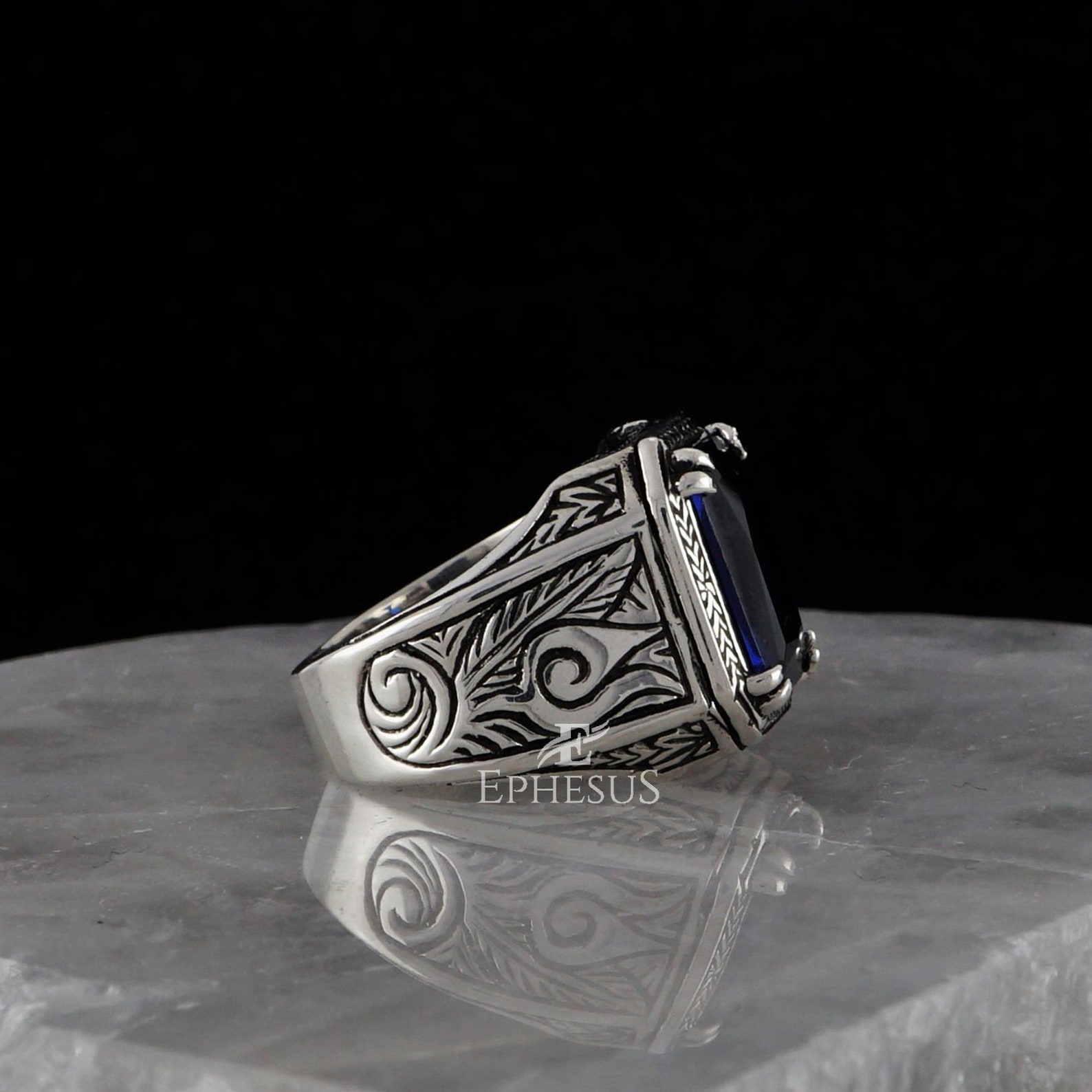 Sapphire Ring Men 925 Sterling Silver Ring Handmade Carved | Etsy
