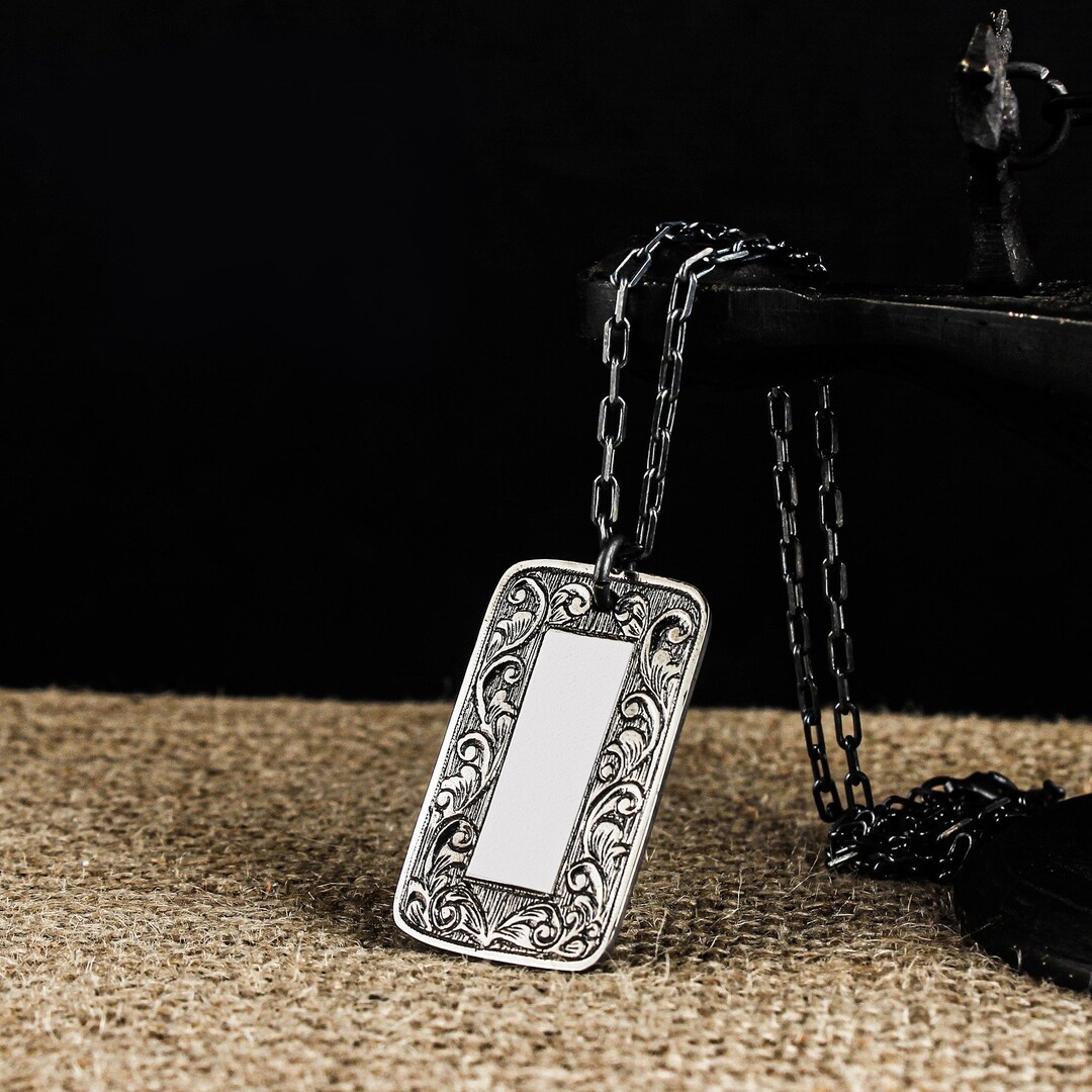Sterling Silver Mens Necklace Engraved Silver Pendant Silver Etsy