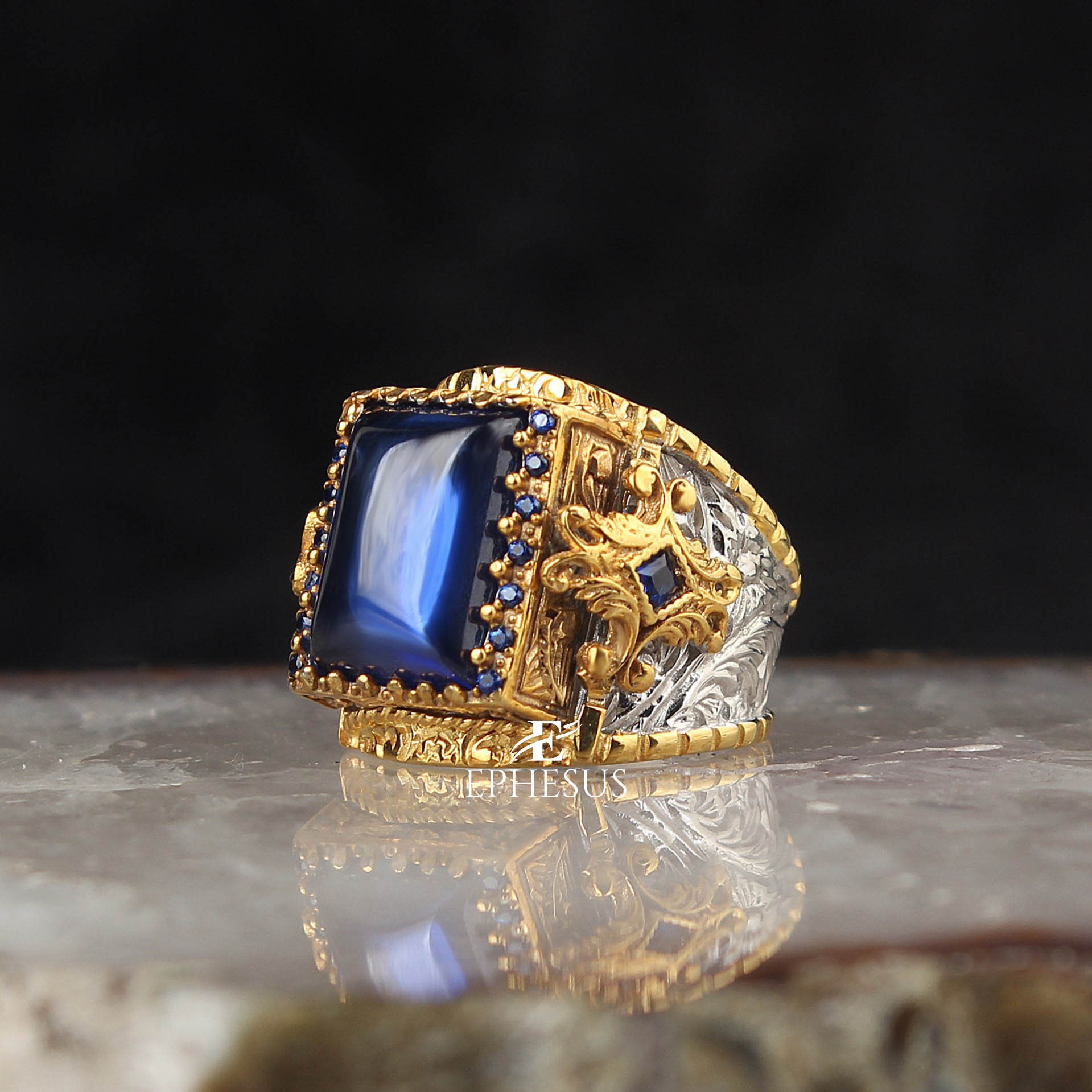 Large Gemstone Ring Rectangular Ring Engraved Blue Gemstone | Etsy