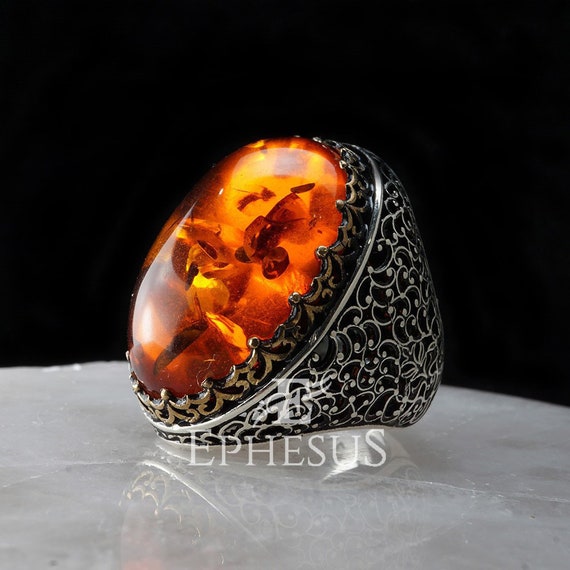 Baltic Amber Ring Large Sterling Silver Ring Orange Stone - Etsy