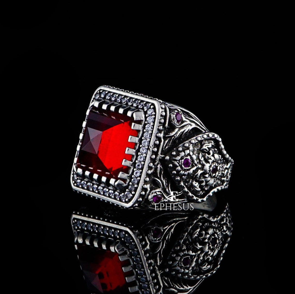Square Stone Ring Red Ring Mens Red Ring Silver Etsy