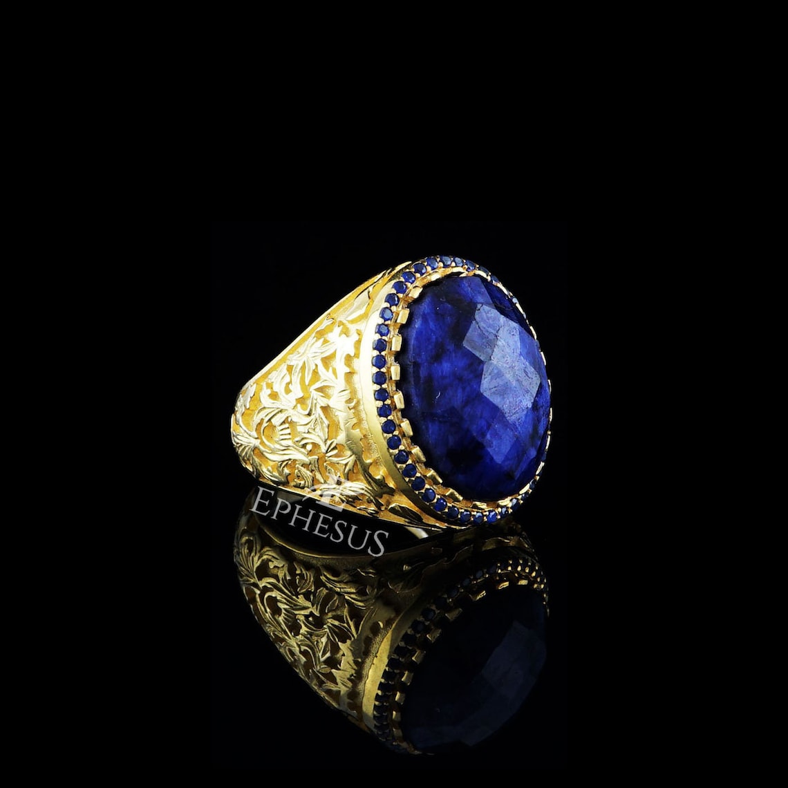 Blue Sapphire Ring for Men Mens Gold Sapphire Ring Statement Etsy