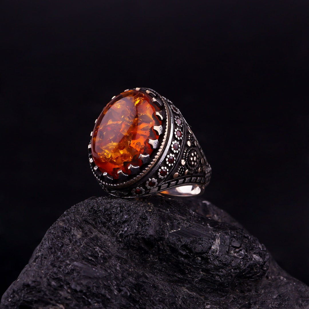 Mens Amber Ring Sterling Silver Large Amber Stone Ring Amber - Etsy