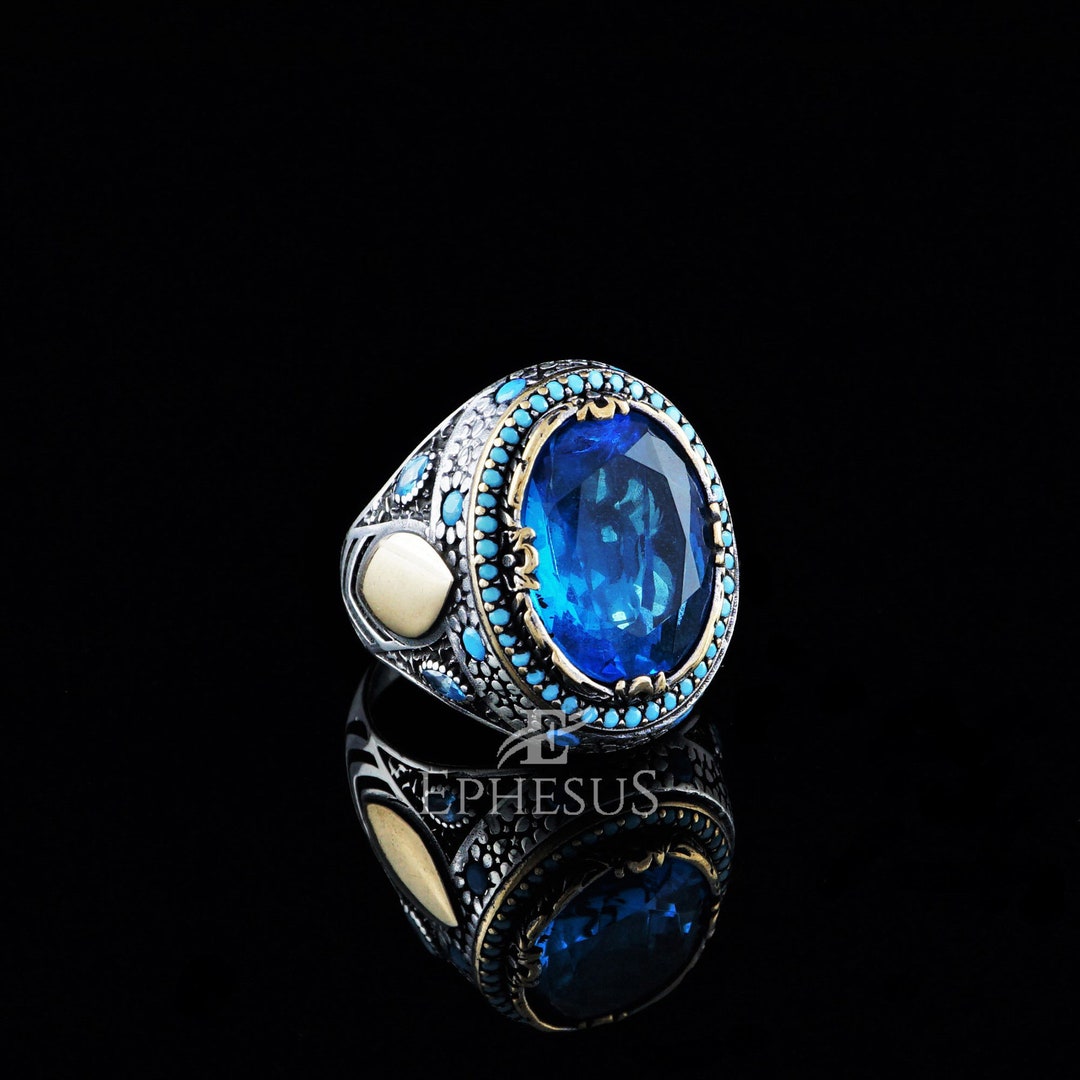 Silver Ring for Men Oval Sterling Silver Ring Blue Topaz - Etsy