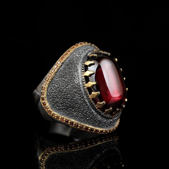 Sandblasted Ring Man Made Ruby Ring Rhodium Plated Silver | Etsy