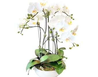 Faux Orchid Centerpiece - 5 stem (faux) white Phalaenopsis orchid in white simple pot