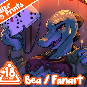 May include: Digital art print featuring a blue anthropomorphic creature holding a hockey mask. The artwork has a horror theme, with a cigarette in the creature's hand and the text "Poster & Prints" and "+18 Content Bea / Fanart".
