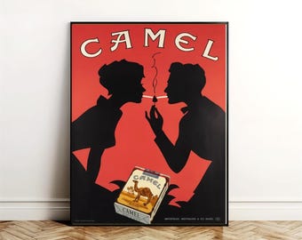 May include: Vintage Camel cigarette advertisement poster featuring a red background with two silhouettes of people lighting a cigarette. The poster includes the text "CAMEL" in large letters at the top and a smaller image of a camel with the text "CAMEL" at the bottom.