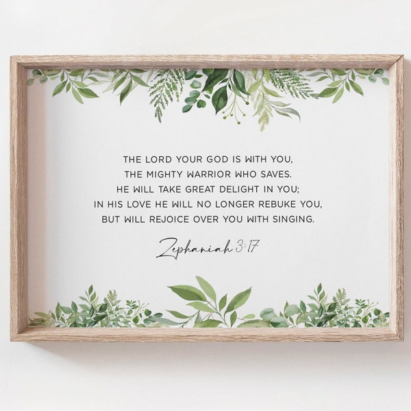 Scripture Wall Art Printable, Zephaniah 3:17 Bible Verse Print Horizontal