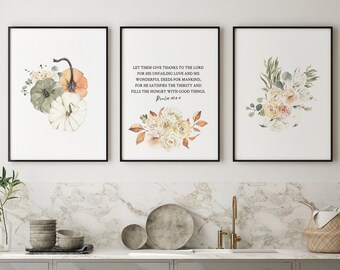 Set Of 3 Thanksgiving Wall Art, Psalm 107 Christian Wall Decor, Fall Decor, Thanksgiving Decor, Watercolor Autumn Pumpkins- DOWNLOADS