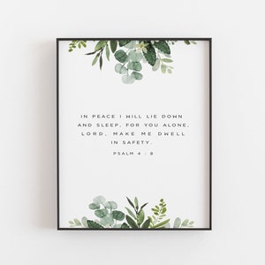 Psalm 4: 8 Biblijny werset ścienny, Sprawiasz, że mieszkam w bezpieczeństwie Wydruk Pisma Świętego, Botaniczny wydruk do chrześcijańskiego wystroju domu - CYFROWE POBIERANIE
