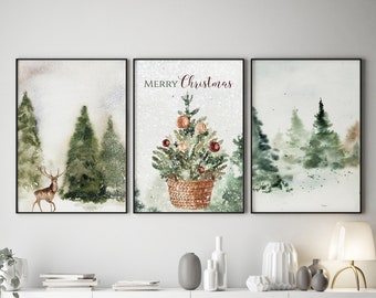 May include: Three watercolor paintings with a winter forest theme. The left painting shows a deer in a snowy forest. The middle painting shows a Christmas tree in a pot with the text "Merry Christmas". The right painting shows a snowy forest.