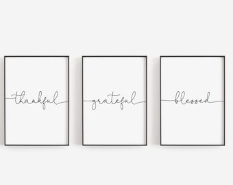 Agradecido Agradecido Bendito Arte de pared imprimible, Arte de pared imprimible minimalista, Conjunto de 3 arte de pared, Decoración de la pared de la sala de estar - Descarga digital