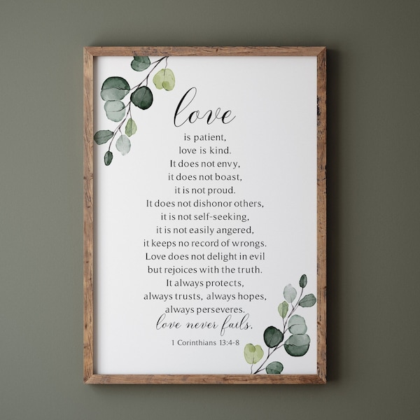 1 Corinthians 13:4-8 Print, Love Is Patient, Love Is Kind - Scripture Wall Art Decor