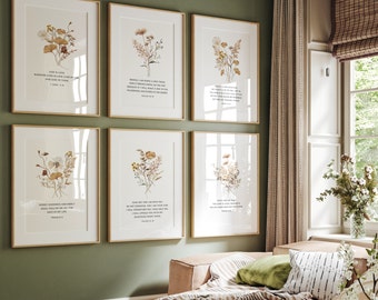 May include: Set of six framed prints with floral illustrations and inspirational quotes. The prints are in a light wood frame and have a white background. The quotes are from the Bible.
