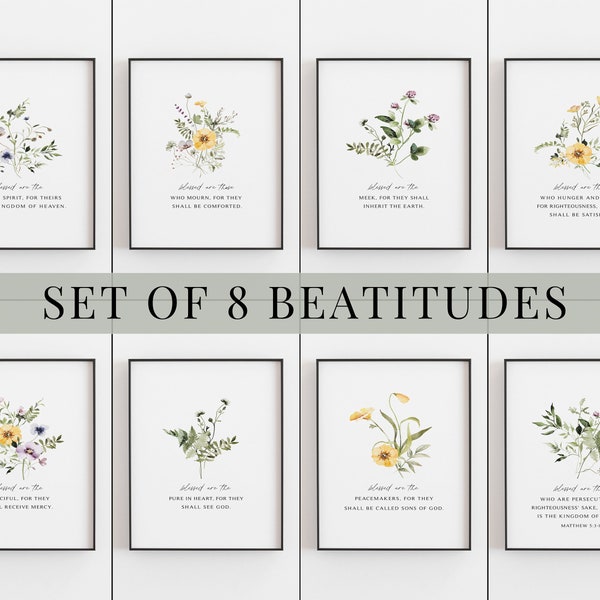 The Beatitudes, Matthew 5: 3-10, Bundle of 8 Bible Verse Wall Art Prints, Scripture Downloads, Christian Wall Decor, Mothers Day - DOWNLOADS