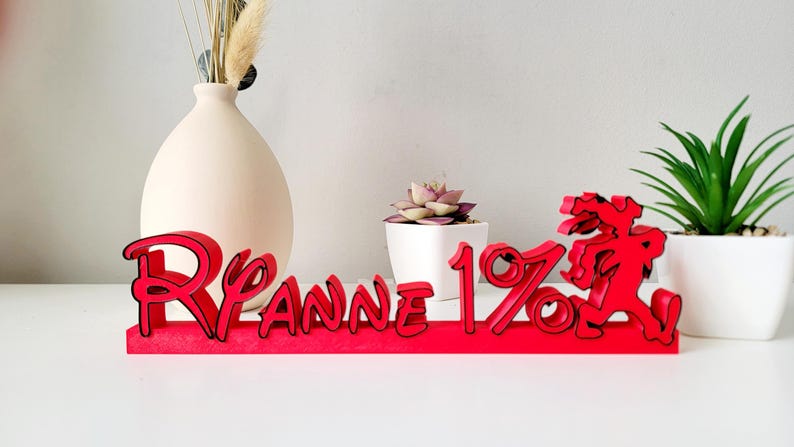May include: Red wooden sign with the text "Ryanne 1%" and a red cartoon figure. The sign is on a white surface.