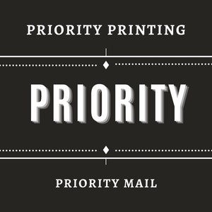 May include: Black and white logo with the text "PRIORITY PRINTING" at the top and "PRIORITY MAIL" at the bottom. The word "PRIORITY" is in a large, bold font in the centre of the logo.