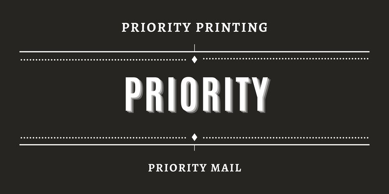 May include: Black and white logo with the text "PRIORITY PRINTING" at the top and "PRIORITY MAIL" at the bottom. The word "PRIORITY" is in a large, bold font in the centre of the logo.
