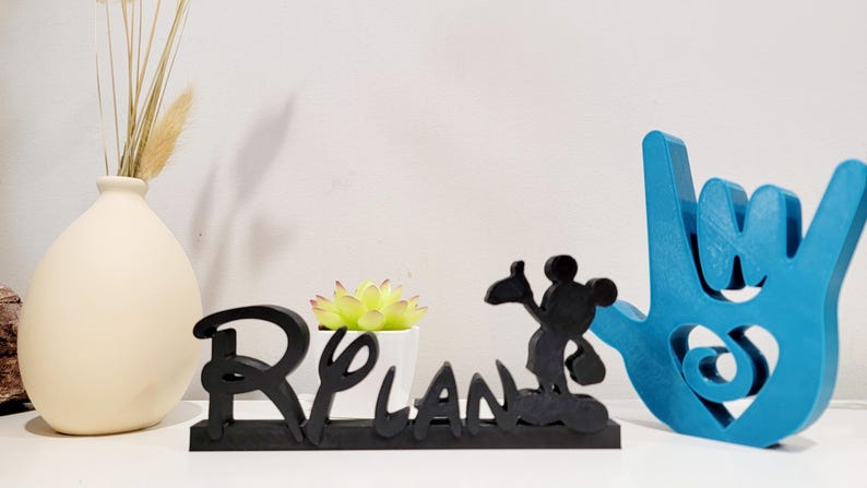 May include: Black wooden sign with the word "BELIEVE" in stylized lettering, a small potted succulent plant, a black silhouette of Mickey Mouse, and a blue hand sign with a heart cutout.