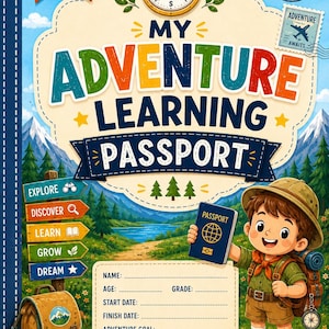 Pode incluir: Um livro de atividades educativo intitulado My Adventure Learning Passport com um explorador, uma bússola, uma mochila, binóculos e um mapa. A capa inclui campos para nome, idade, série, datas e objetivos sobre uma paisagem montanhosa.