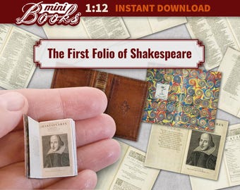Libro en miniatura para casa de muñecas, folio vintage digital imprimible de Shakespeare.