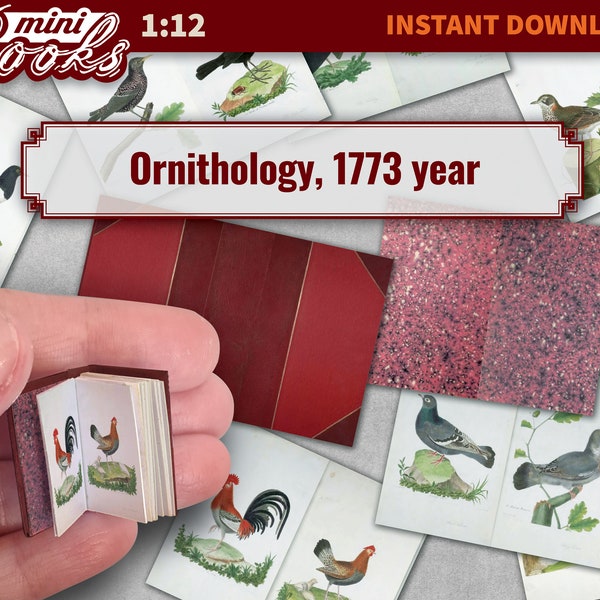 Dollhouse miniature book, DIY printable digital vintage Ornithology illustrations of Birds