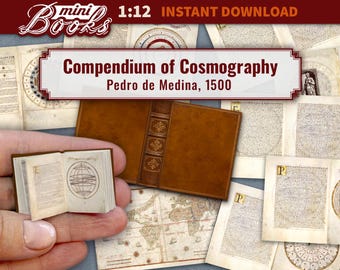Puede incluir: Un libro en miniatura abierto con una ilustración de un globo se sostiene en una mano, junto a un libro más grande encuadernado en cuero marrón. La imagen incluye páginas con texto y mapas, y el texto "Compendium of Cosmography, Pedro de Medina, 1500".