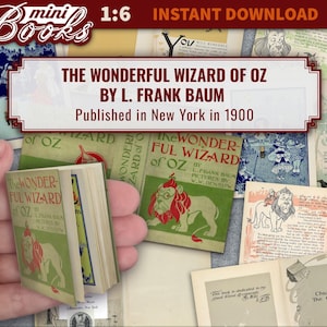 May include: A miniature book titled "The Wonderful Wizard of Oz" by L. Frank Baum, published in New York in 1900. The book is held in a hand, with other pages and illustrations from the story visible in the background. The cover features a lion illustration.