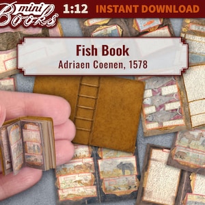 Dollhouse miniature book, – Adriaen Coenen’s &quot;Fish Book&quot; with animals & birds, DIY printable digital vintage Folio
