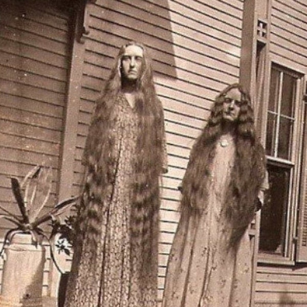 Creepy Long Hair Porch Sisters Weird Strange Girls Freaky Women Odd Vintage Photo Bizarre Oddity Scary Print Horror Old Photograph 5968