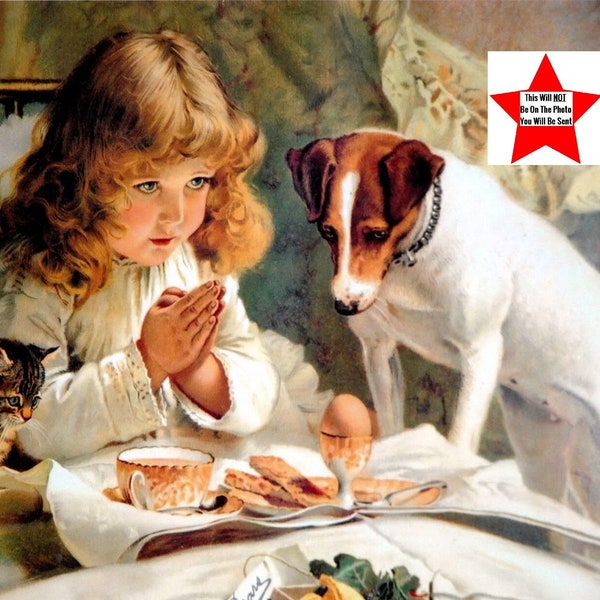 Charles Barber Picture Cute Little Girl Praying To God With Jack Russell Terrier Dog Cat Suspense Vintage Lovable Art Photo Color Print 8565
