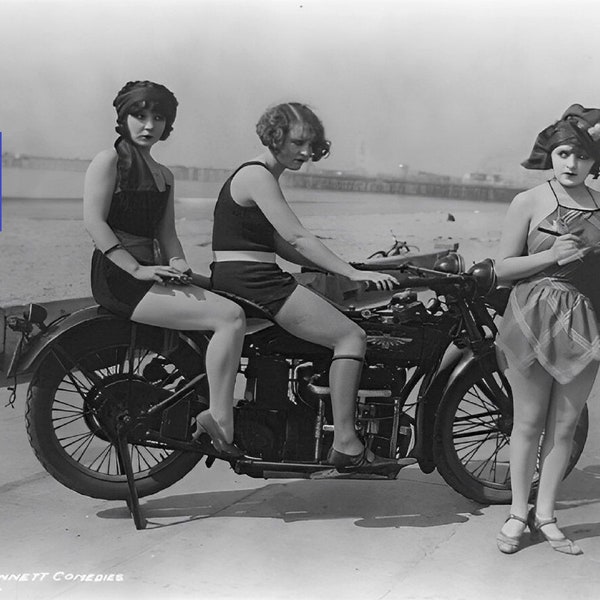 Excelsior Henderson Motorcycle Mack Sennett Bikini Girls Silent Movie 8x10 Vintage Photo Picture 1920s Print 466C