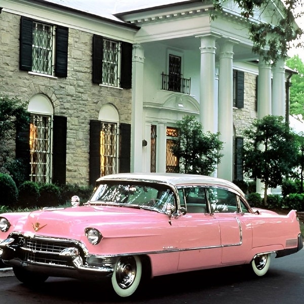 Elvis Presley's Pink Cadillac Parked in Front Of Graceland's The King 1950's Color Photo Picture Poster Celebrity Elvis Print 284C