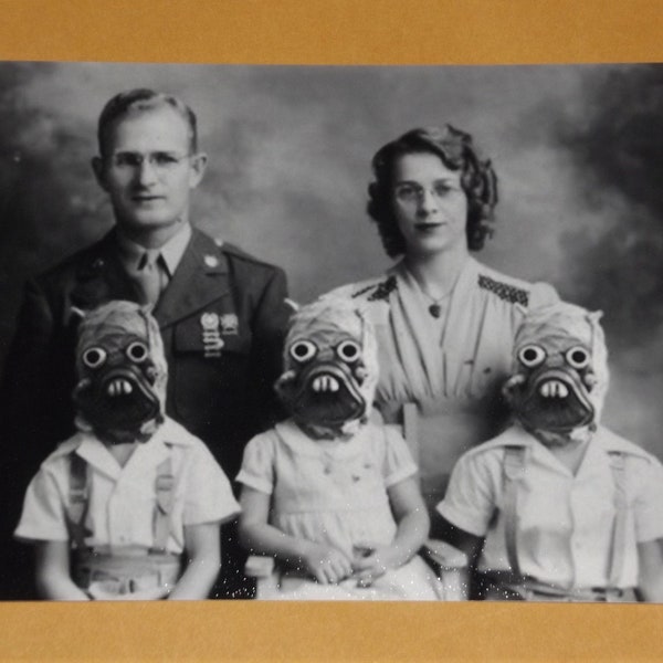 Weird Family Portrait Freaky Odd Vintage Photo Bizarre Oddity Strange Face Mask Kid Children Scary Photo Vintage Print Horror Photograph P57