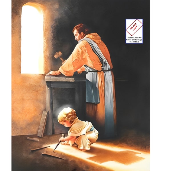 Destiny Young Boy Jesus as a Child Nails Spikes in Joseph's Carpenter Shop Jesus Christ Print Picture, Baby Jesus Christian Catholic 424C