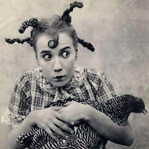 Weird Girl With Chicken Funny Vintage Photo Curiosity Freak Show Strange Art Crazy Print Scary Black and White Photograph Odd Poster X77