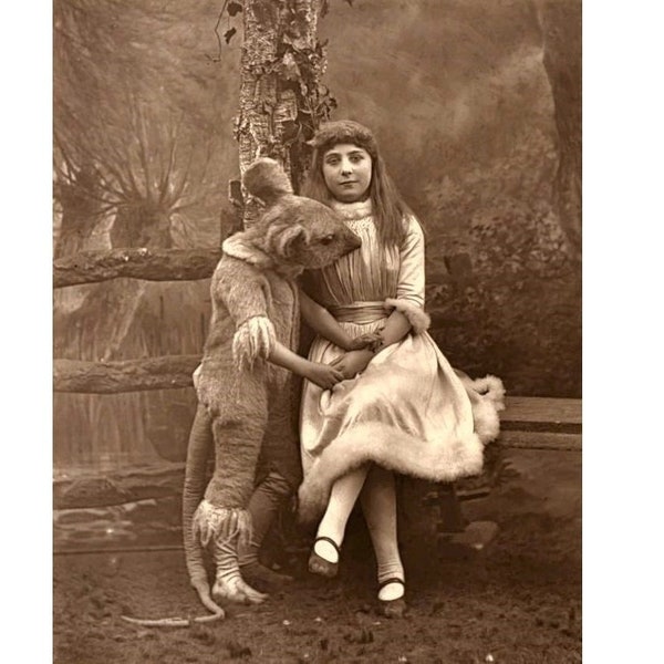 Victorian Photo Large Mouse and Young Girl Strange Photo Weird Spooky Creepy Freaky Horror Scary Vintage Photo B&W Photography Print 72A