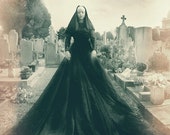 Scary Creepy Cemetary Lady Halloween Black Dress Vintage Photo Chilling Strange Witch Group Old Print Spooky Photograph Odd Macabre Art 237